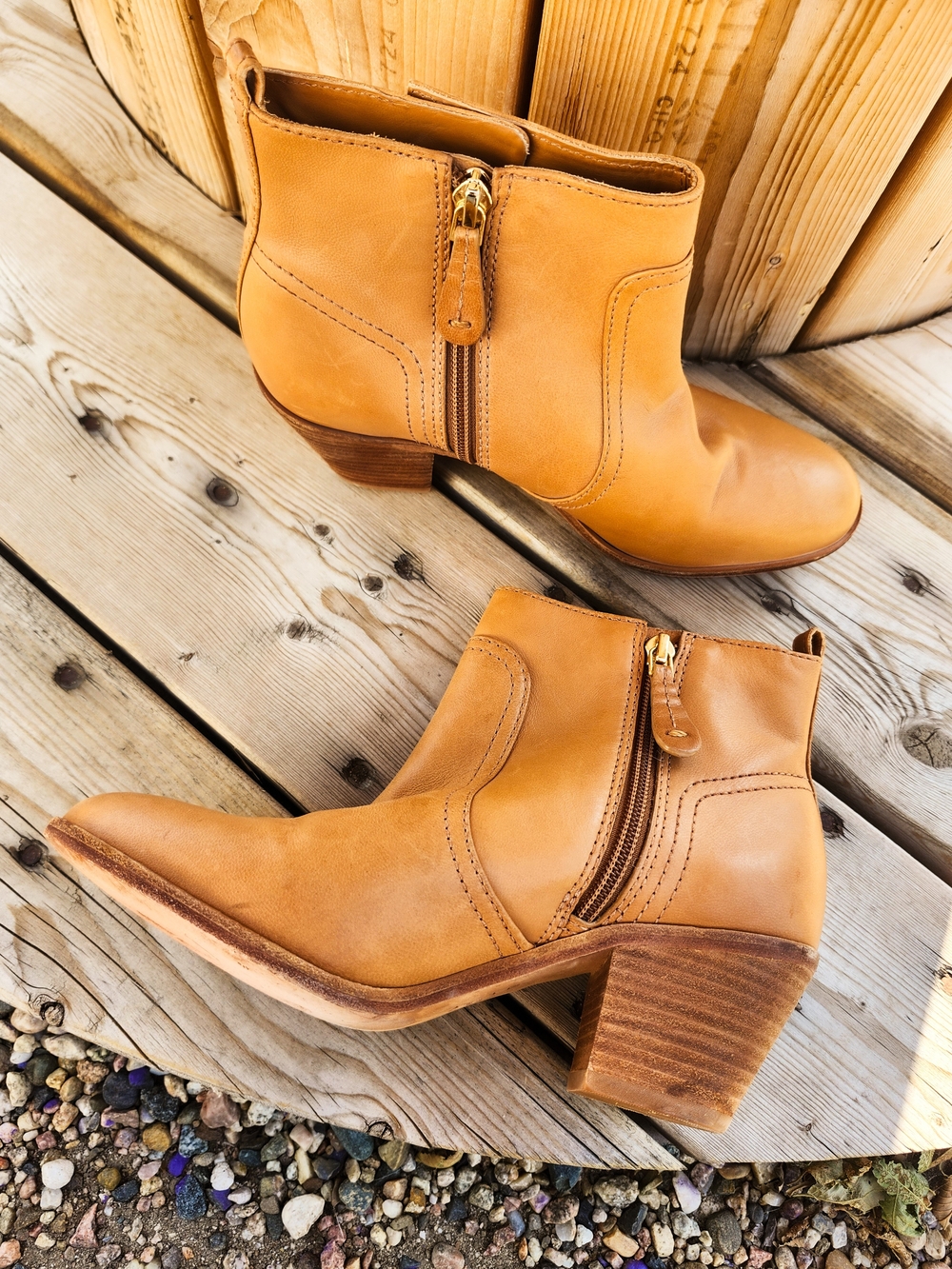 Tory Burch Leather Ankle Boots Tan Cognac Block Heel Zip Booties Women's 7